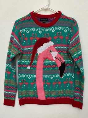 Blizzard Bay Red, Green, Pink Flamingo Santa Ugly Holiday Sweater Size Small
